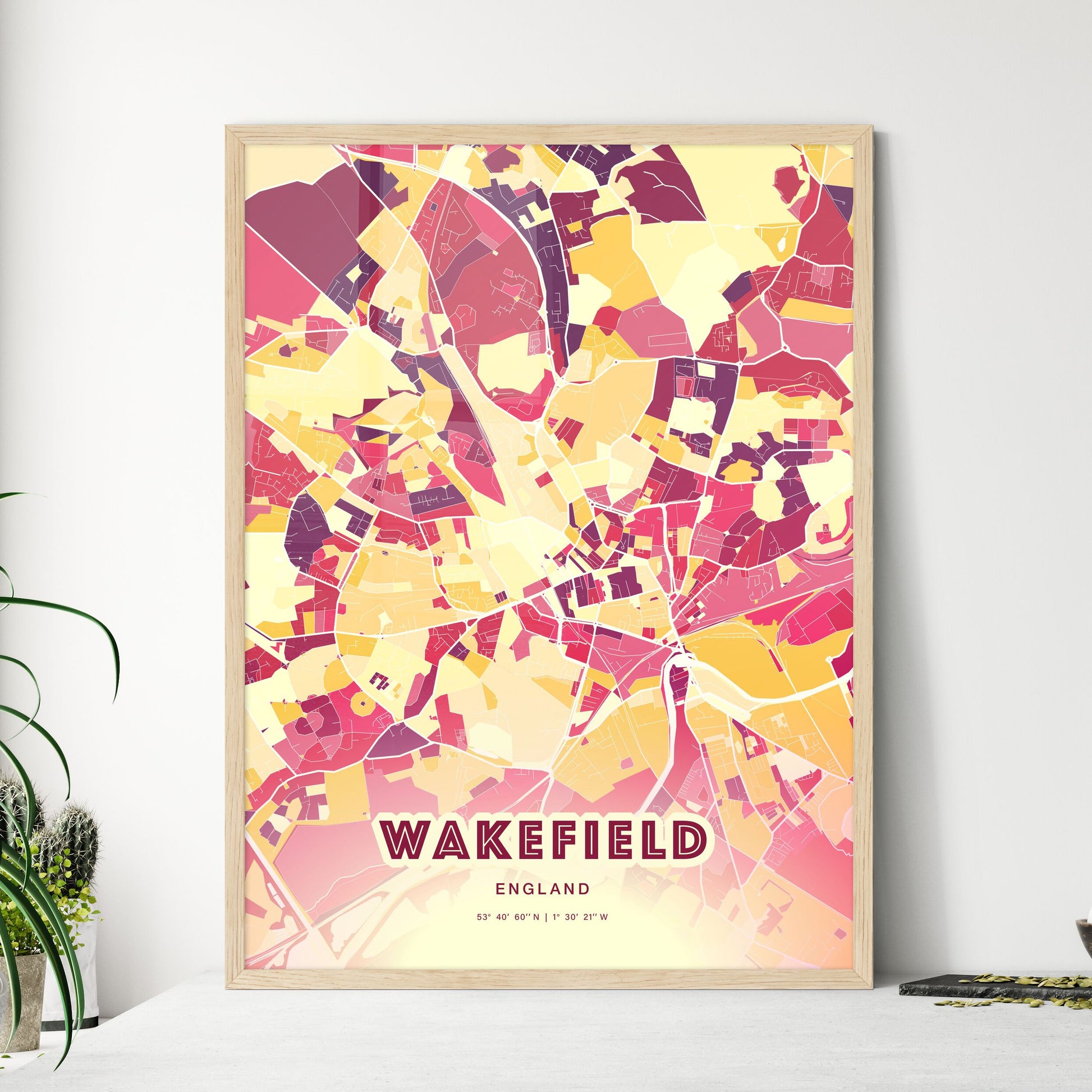 Colorful WAKEFIELD ENGLAND Fine Art Map Hot Red