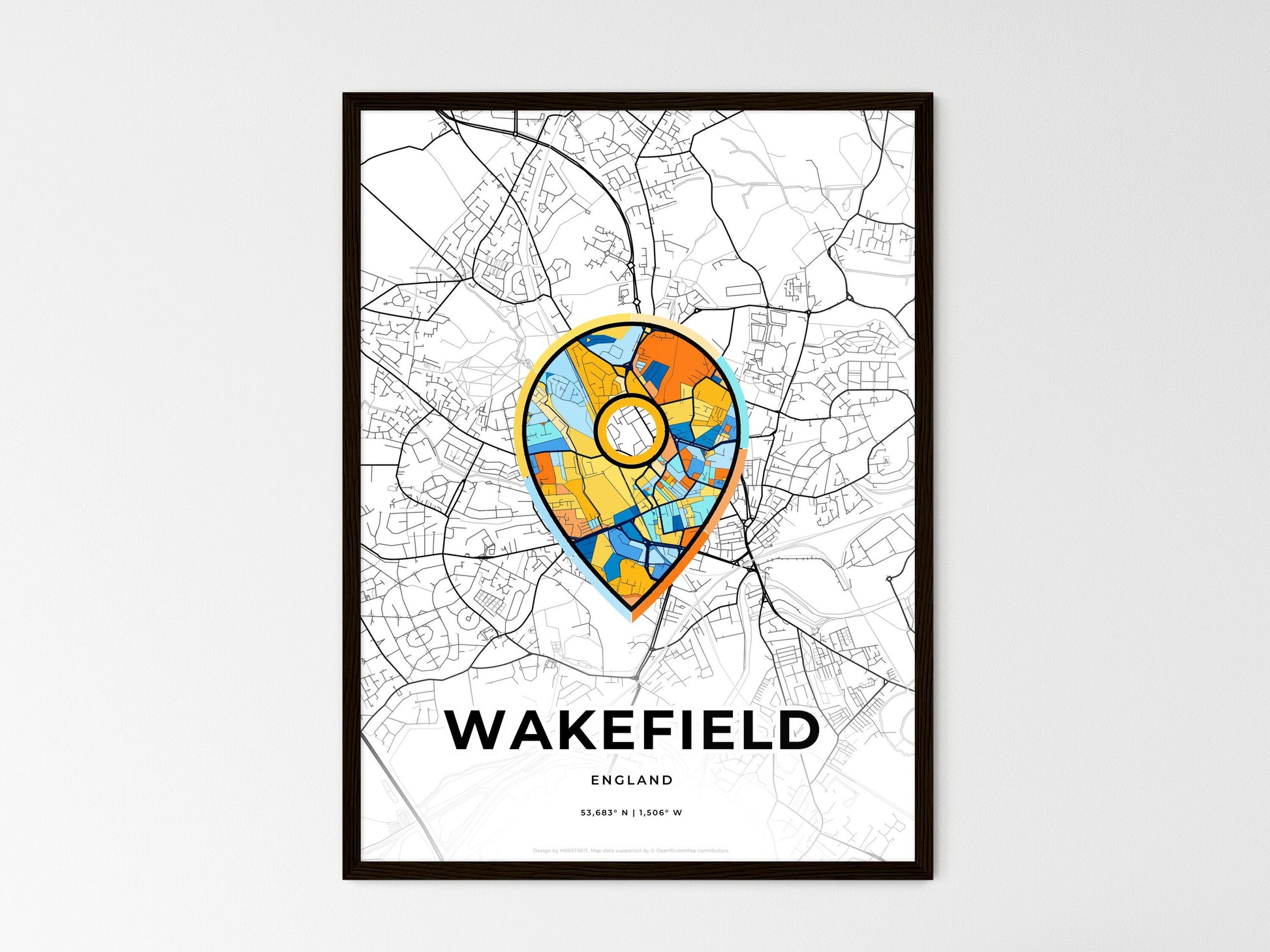 Wakefield England wedding art map with pointer icon