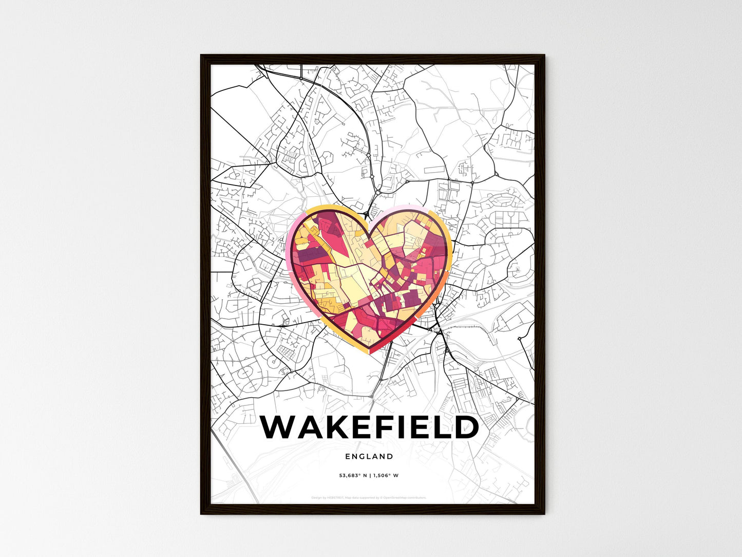 Wakefield England wedding art map with heart icon
