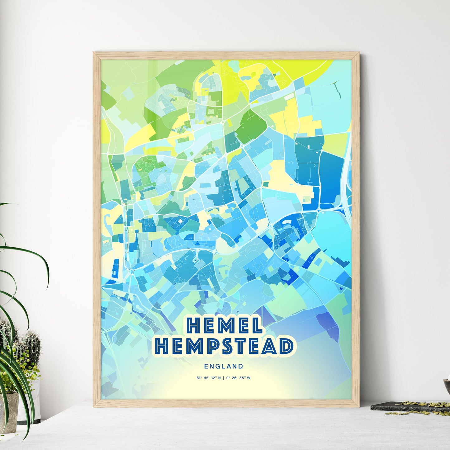 Colorful HEMEL HEMPSTEAD ENGLAND Fine Art Map Cool Blue