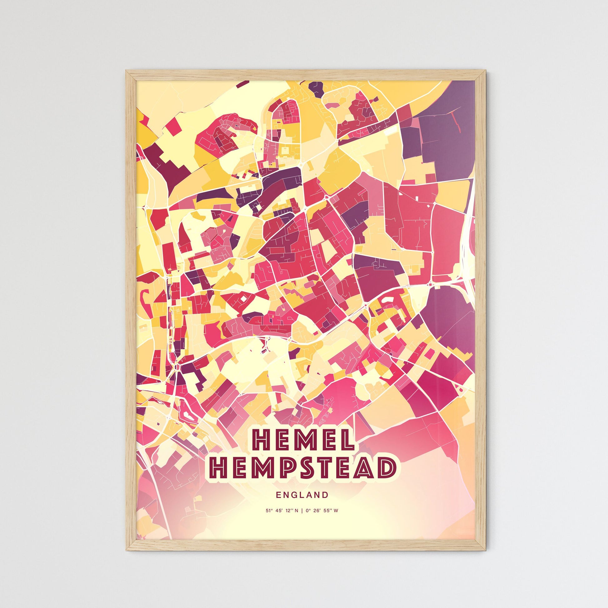 Colorful HEMEL HEMPSTEAD ENGLAND Fine Art Map Hot Red