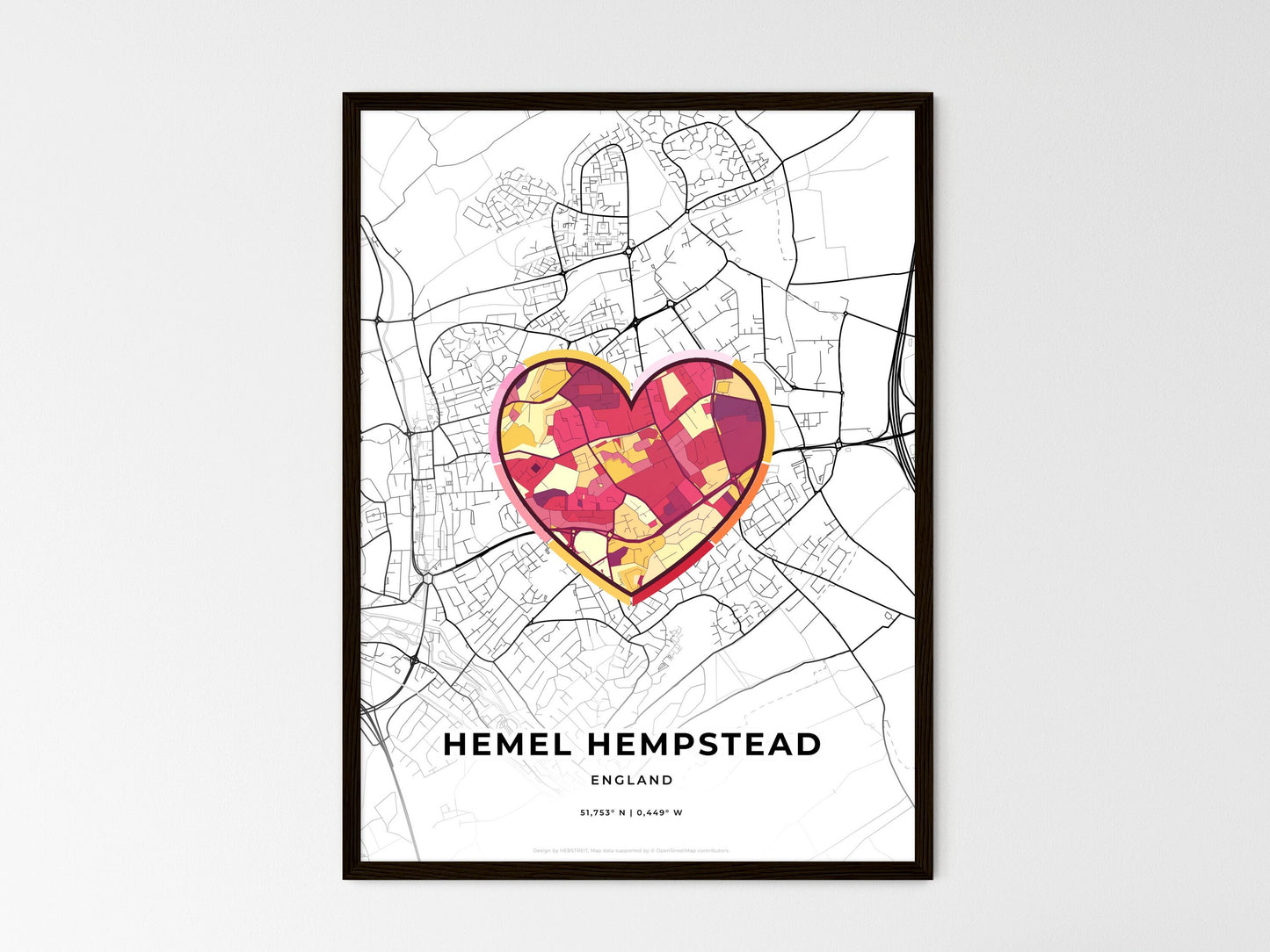 Hemel Hempstead England wedding art map with heart icon