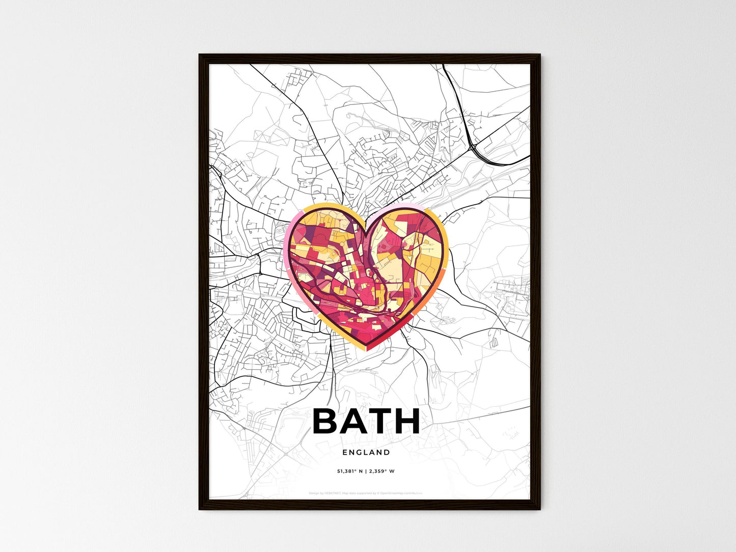 Bath England wedding art map with heart icon