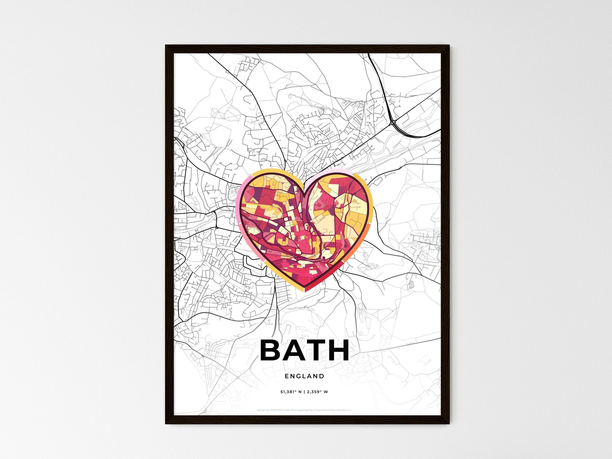 Bath England wedding art map with heart icon