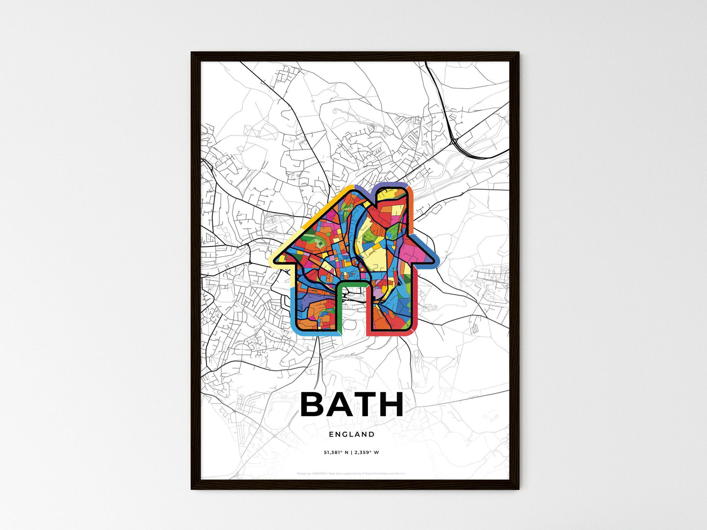Bath England wedding art map with home icon