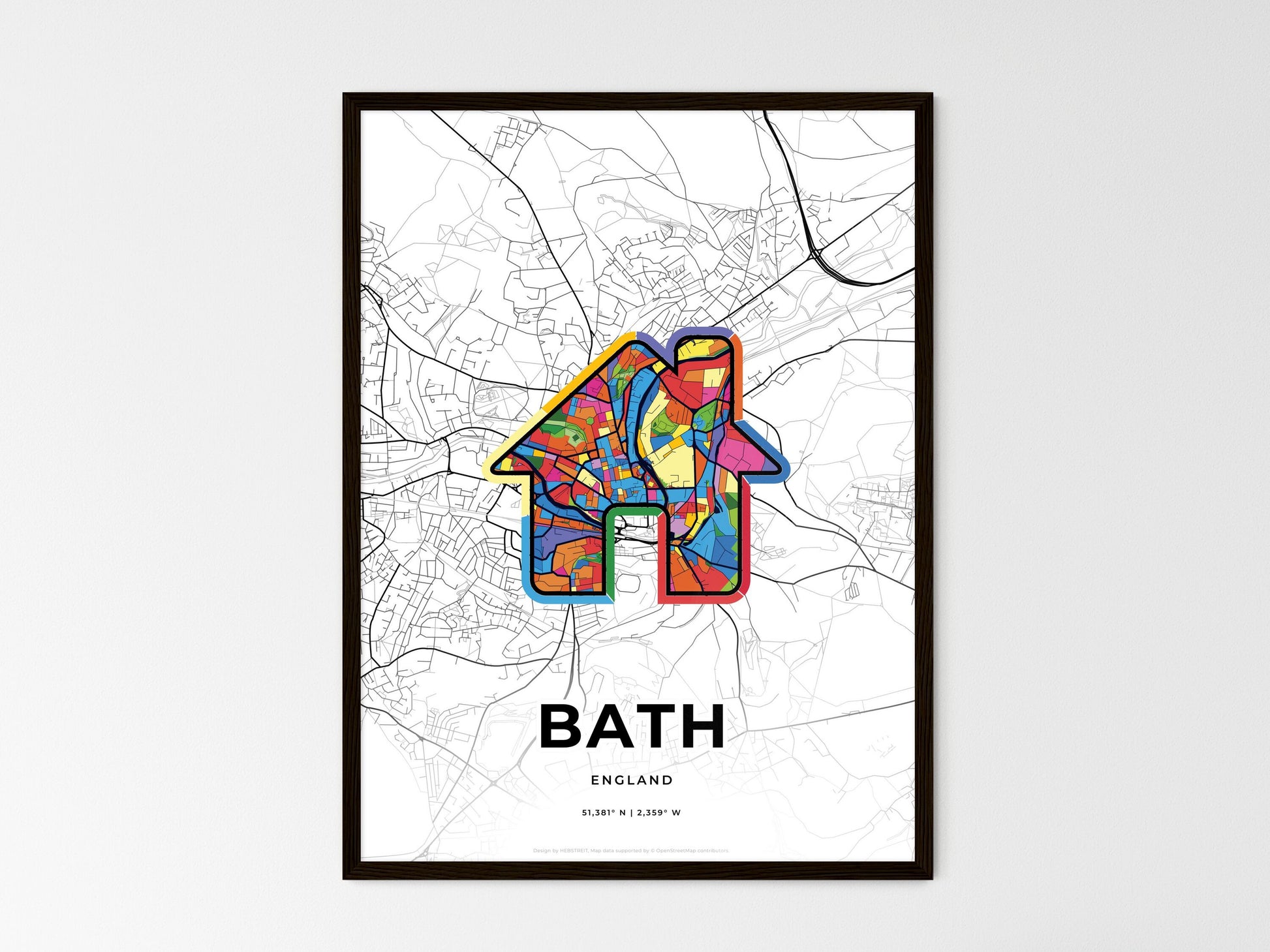 Bath England wedding art map with home icon