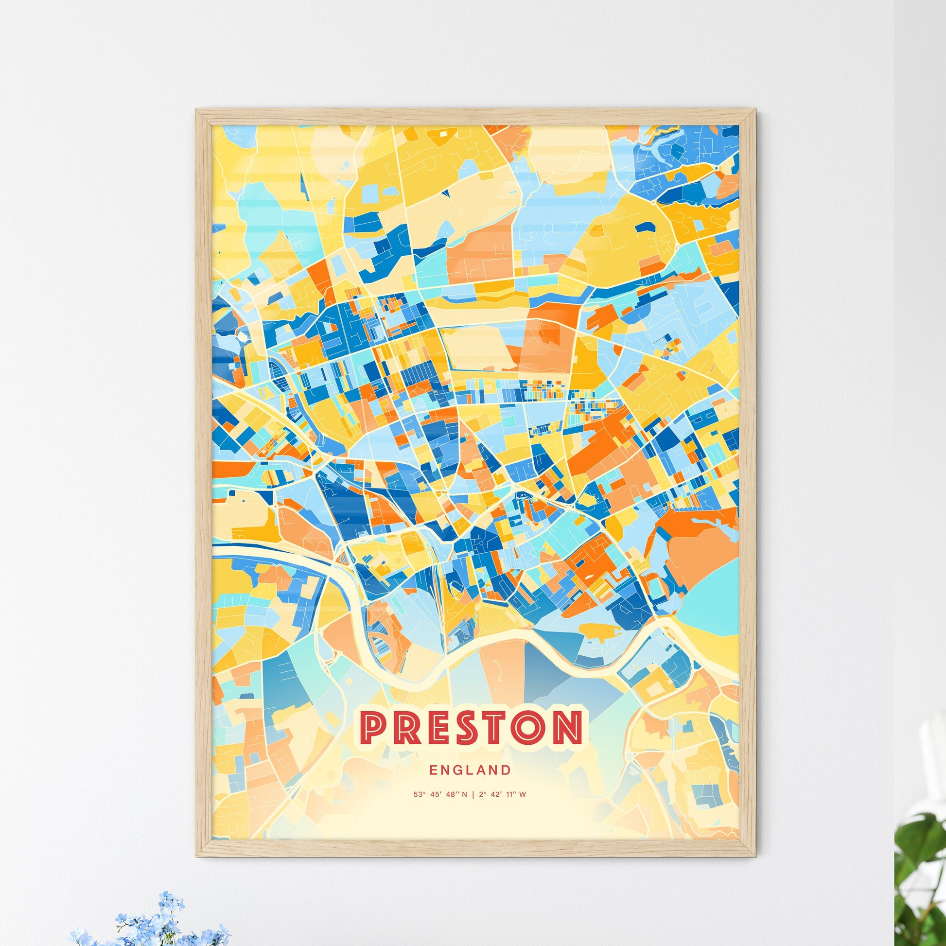 Colorful Preston England Fine Art Map Blue Orange