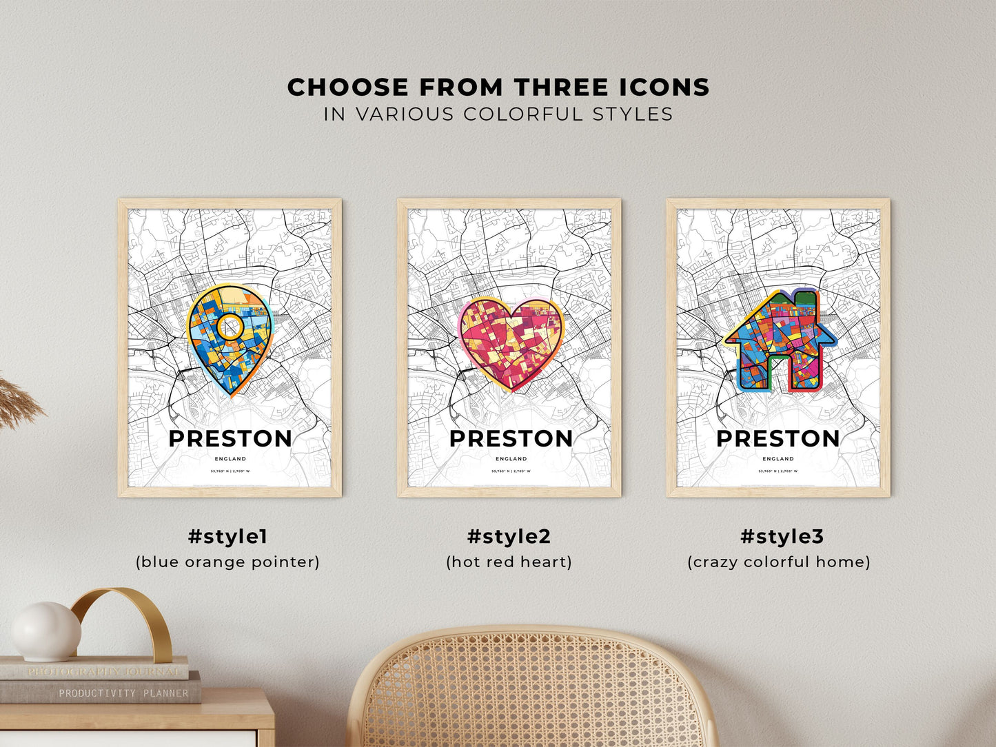 Preston England maps with colorful icons