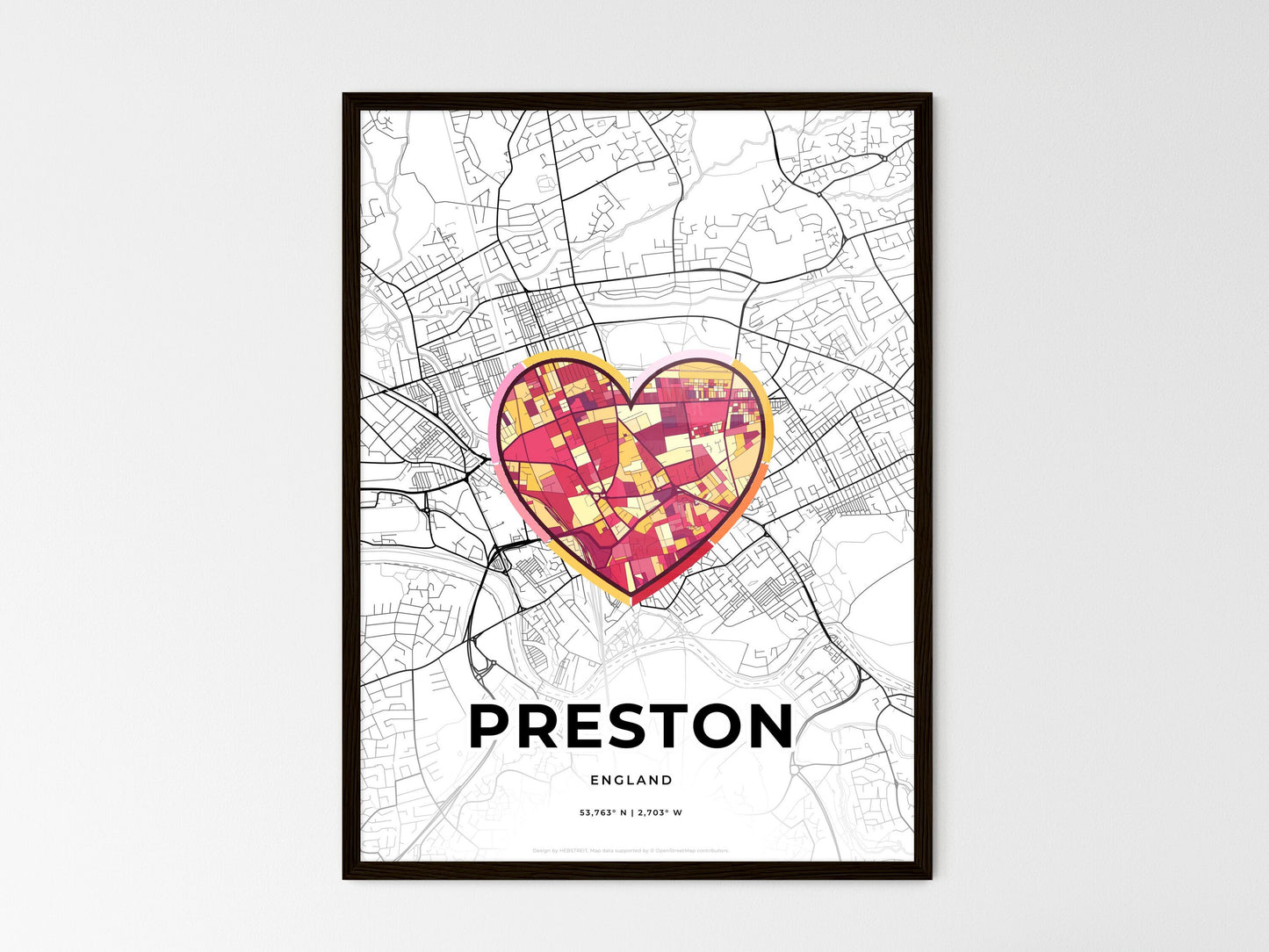 Preston England wedding art map with heart icon