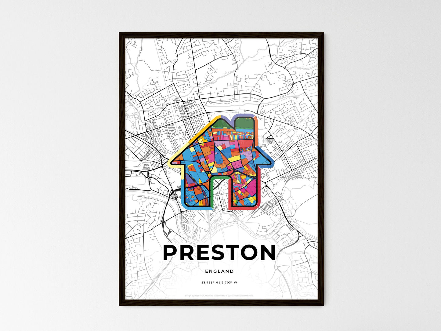 Preston England wedding art map with home icon