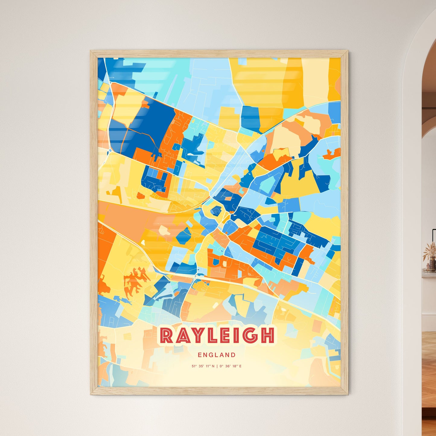 Colorful RAYLEIGH ENGLAND Fine Art Map Blue Orange