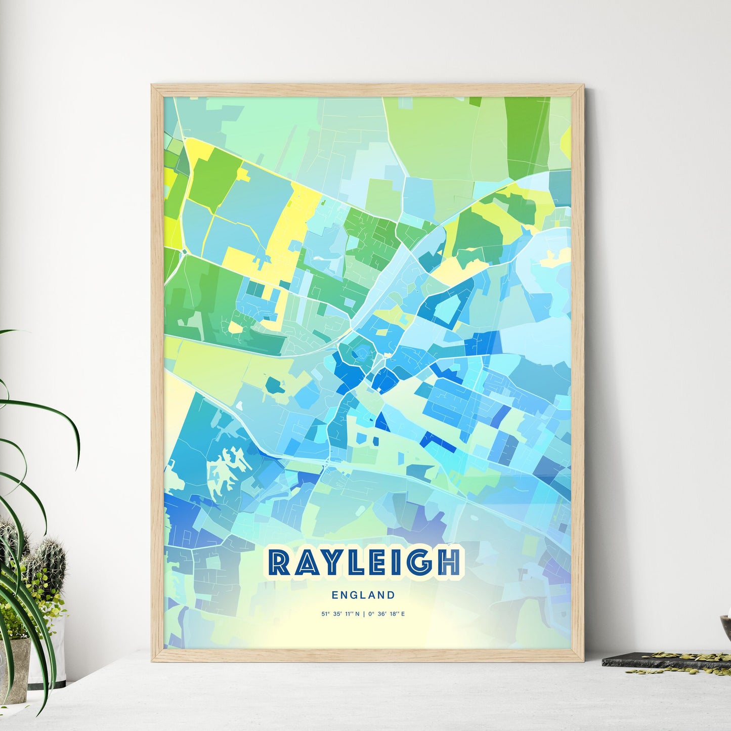 Colorful RAYLEIGH ENGLAND Fine Art Map Cool Blue