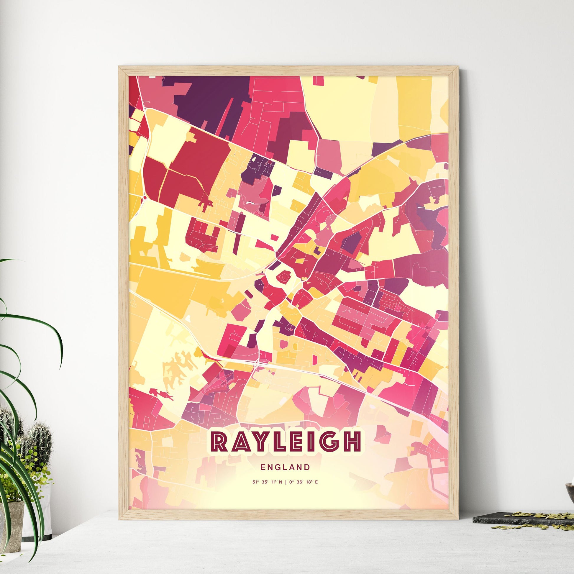 Colorful RAYLEIGH ENGLAND Fine Art Map Hot Red