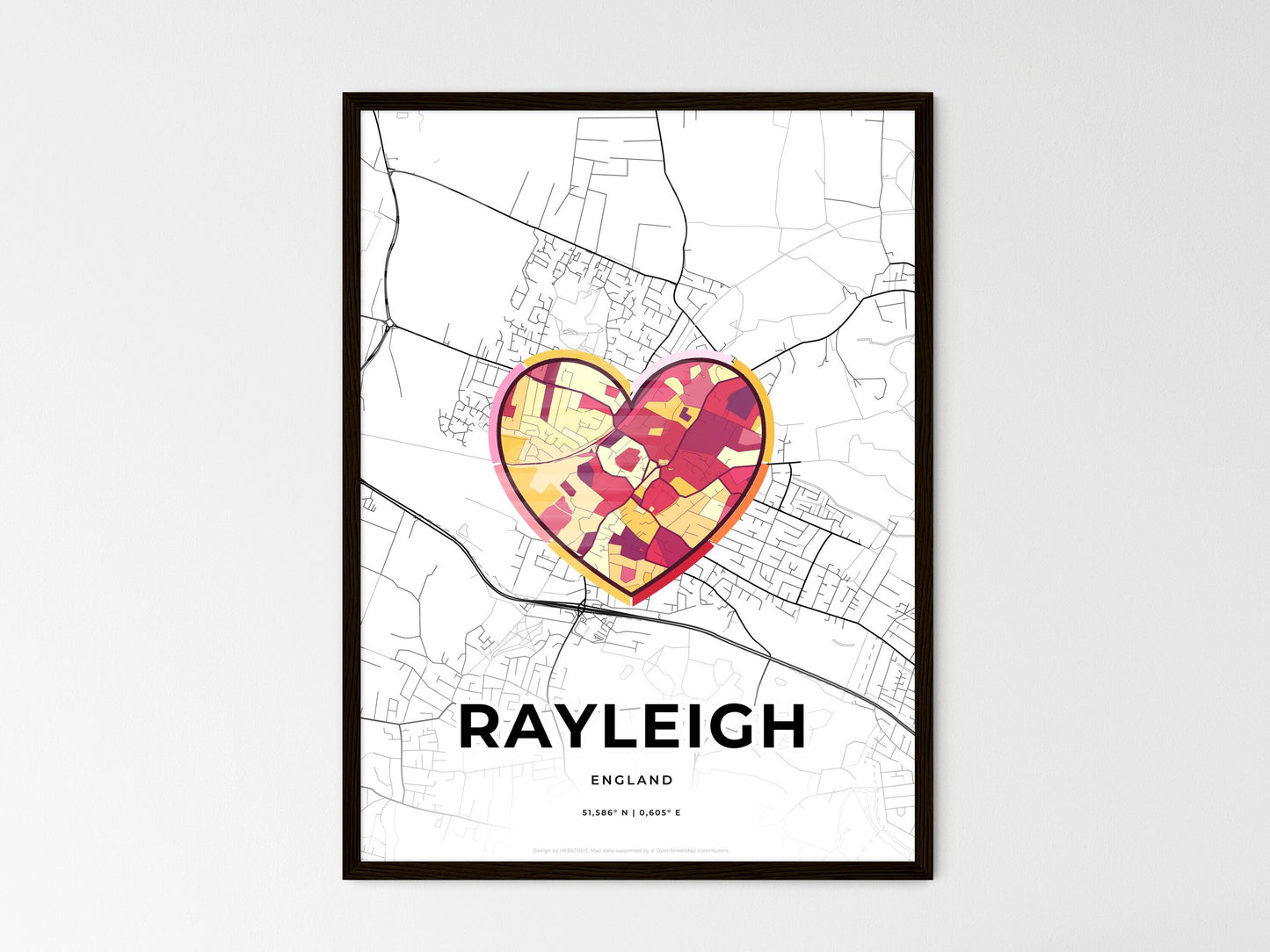 Rayleigh England wedding art map with heart icon