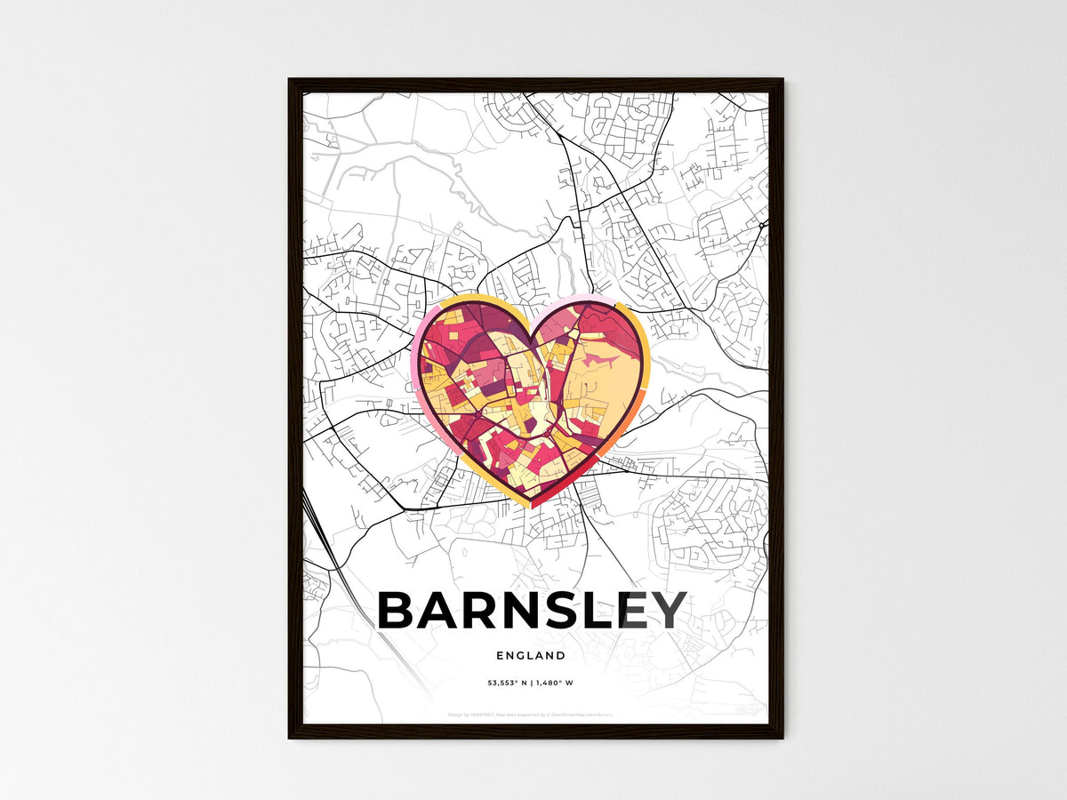 Barnsley England wedding art map with heart icon