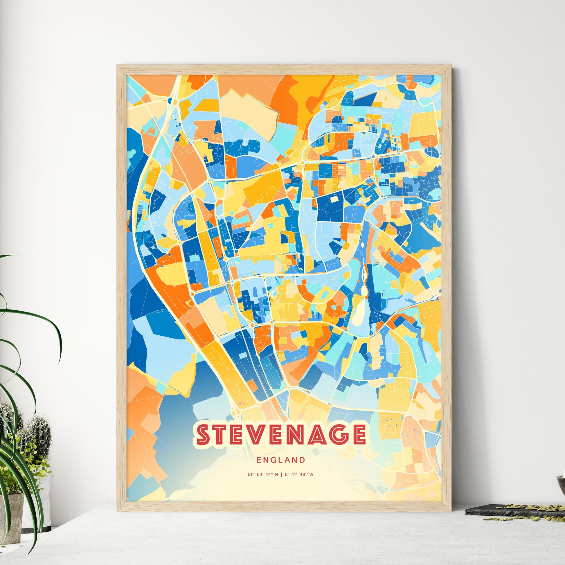 Colorful Stevenage England Fine Art Map Blue Orange