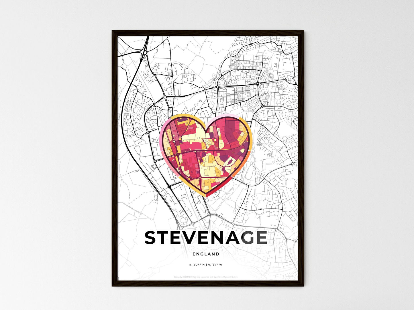 Stevenage England wedding art map with heart icon