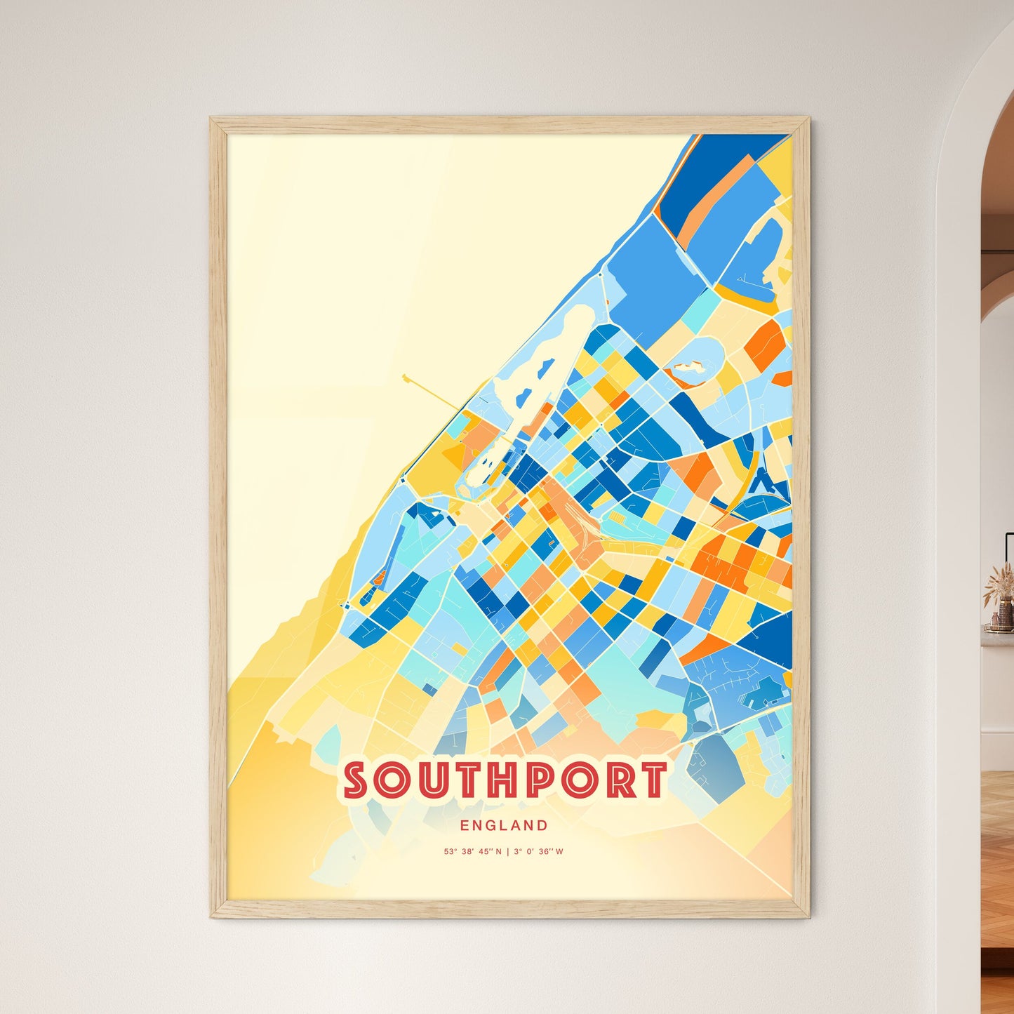 Colorful Southport England Fine Art Map Blue Orange
