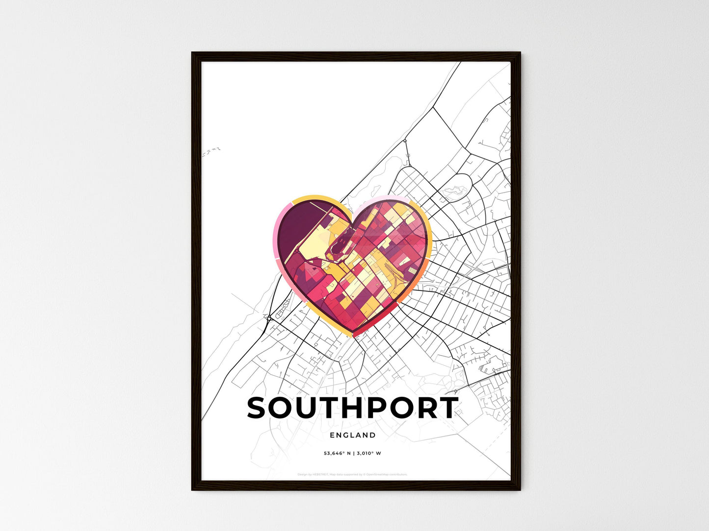Southport England wedding art map with heart icon