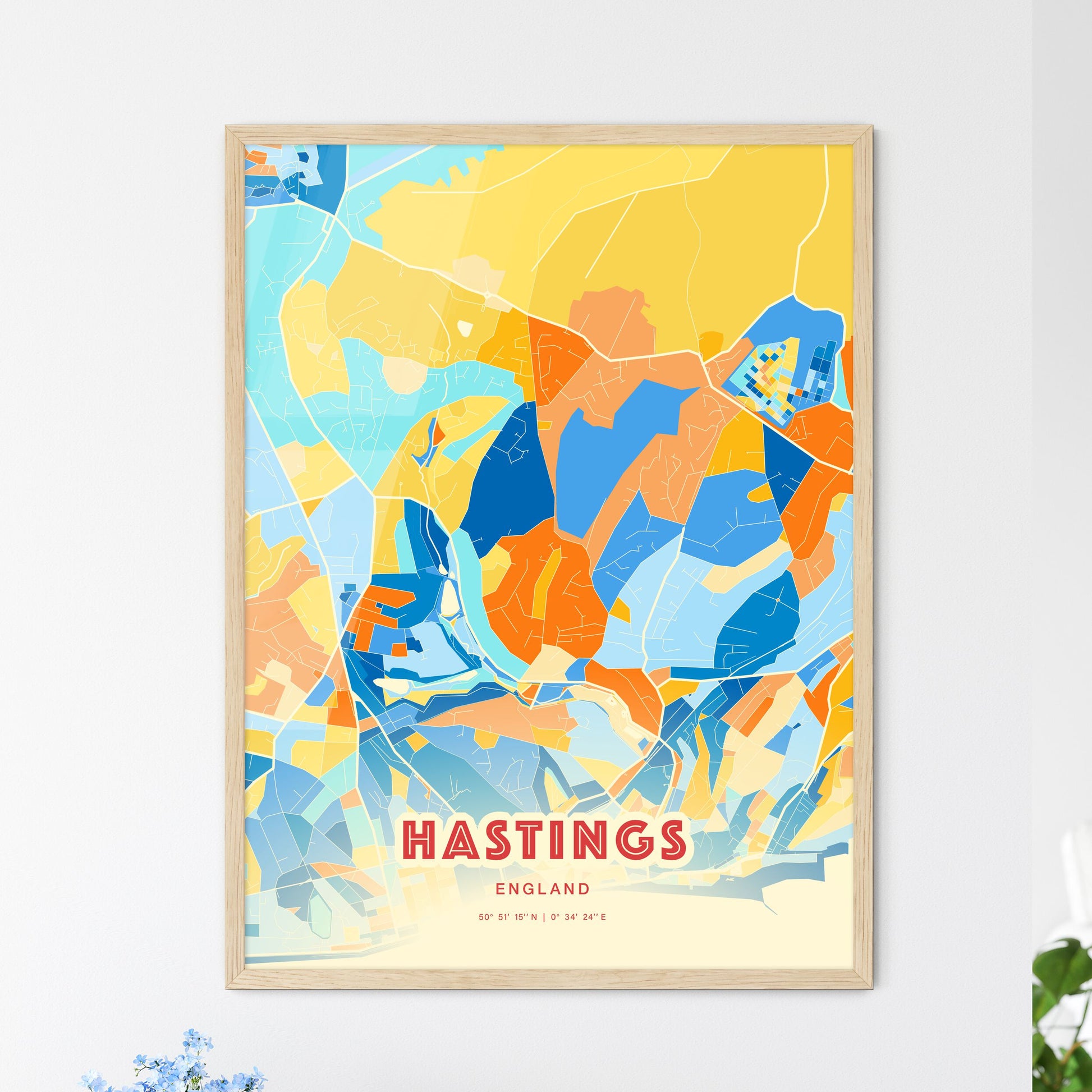 Colorful HASTINGS ENGLAND Fine Art Map Blue Orange