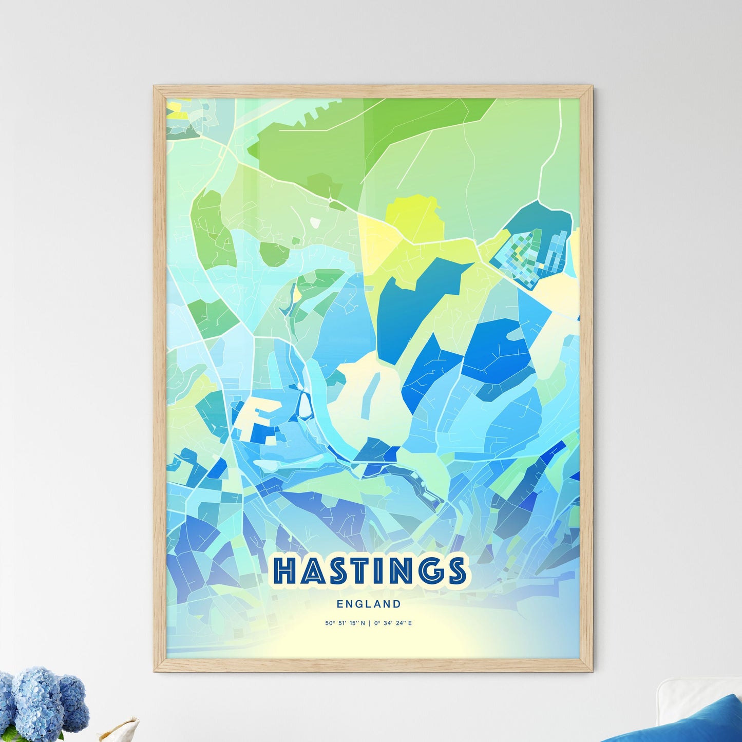 Colorful HASTINGS ENGLAND Fine Art Map Cool Blue