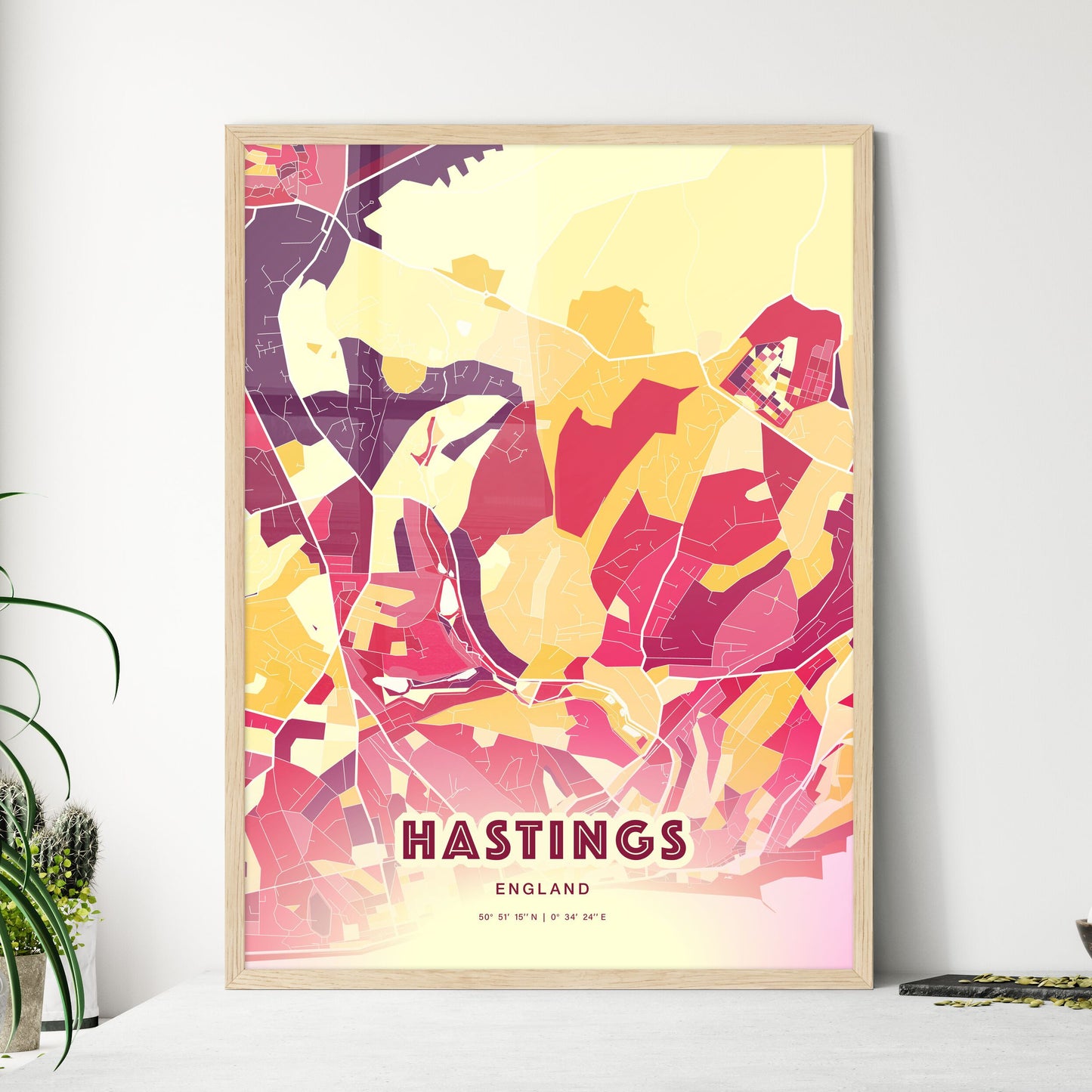 Colorful HASTINGS ENGLAND Fine Art Map Hot Red