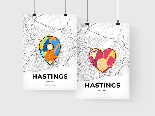 HASTINGS ENGLAND minimal art map with a colorful icon. Where it all began, Couple map gift.