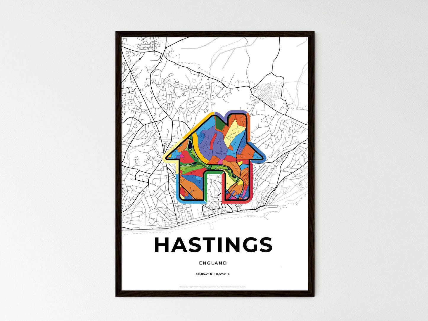 HASTINGS ENGLAND minimal art map with a colorful icon. Where it all began, Couple map gift. Style 3