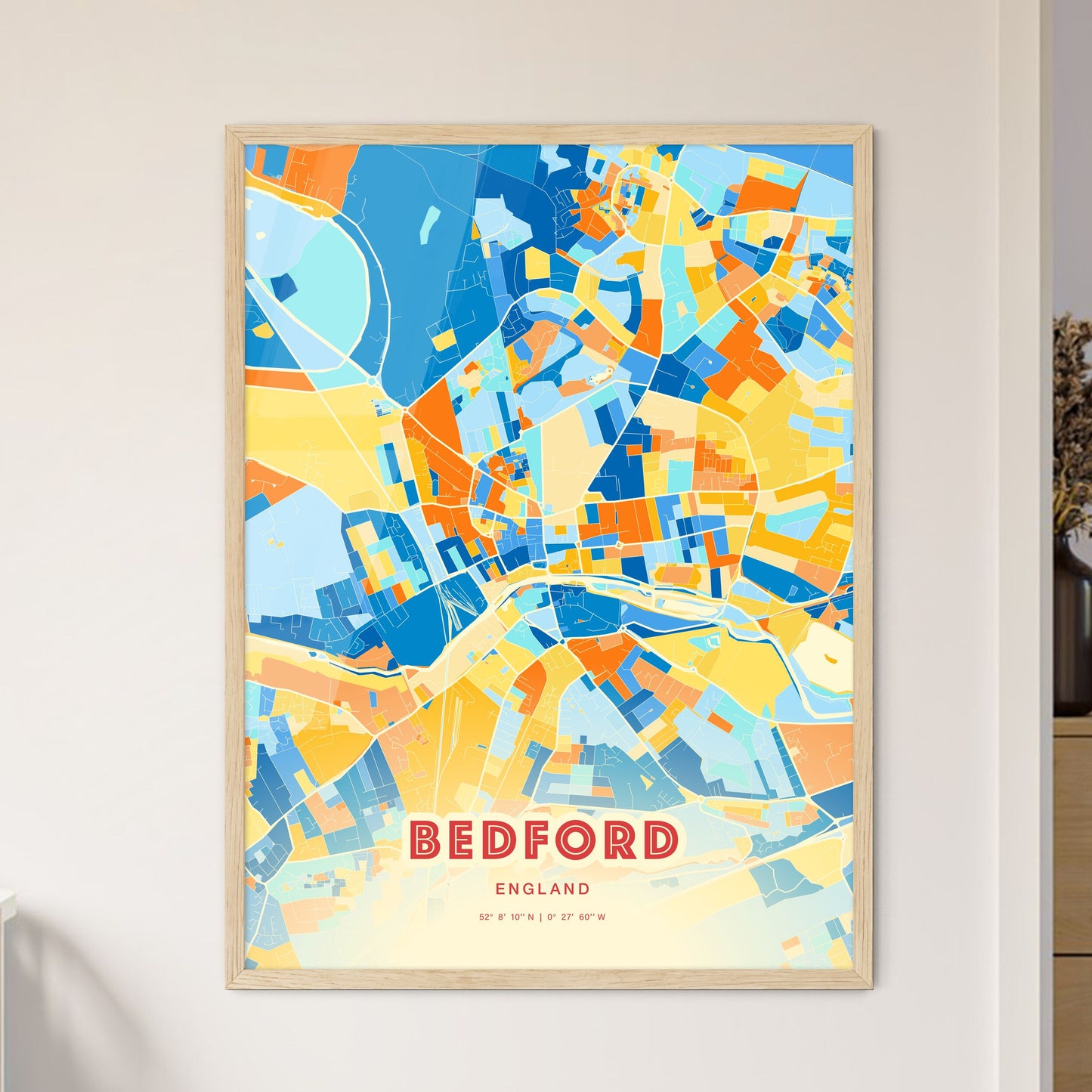 Colorful Bedford England Fine Art Map Blue Orange
