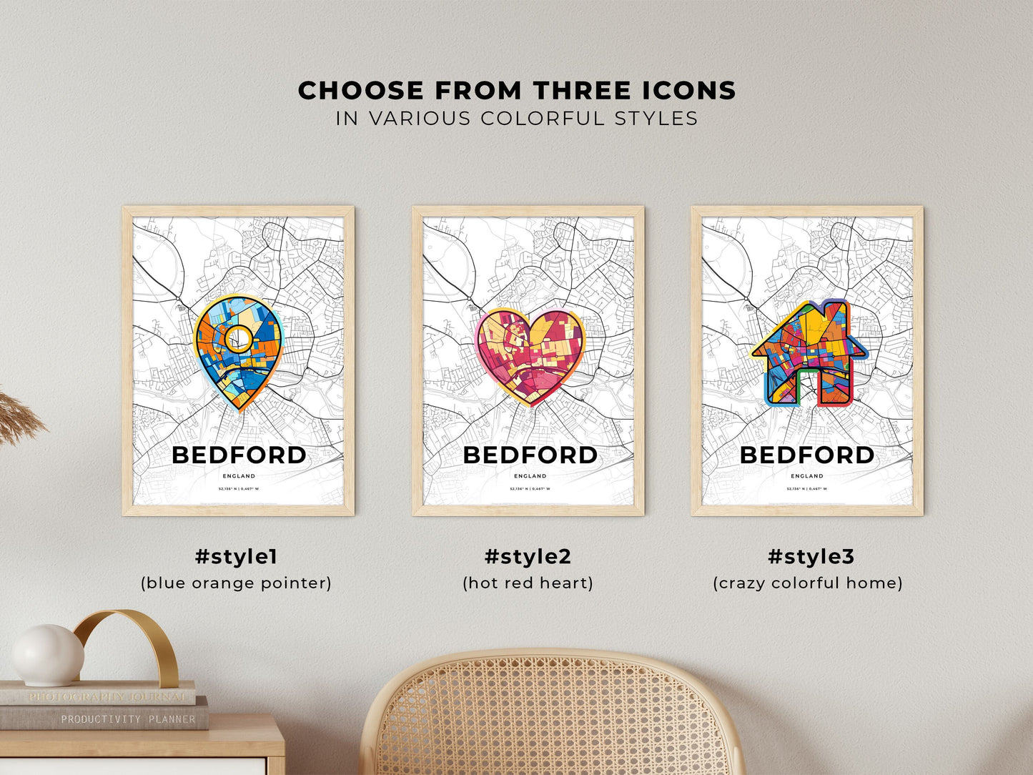 Bedford England maps with colorful icons