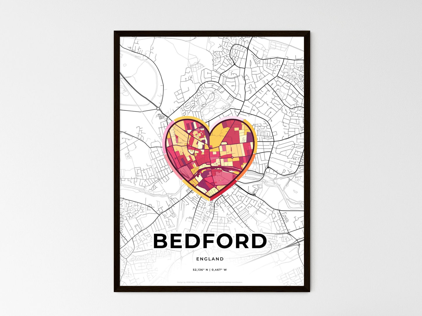 Bedford England wedding art map with heart icon