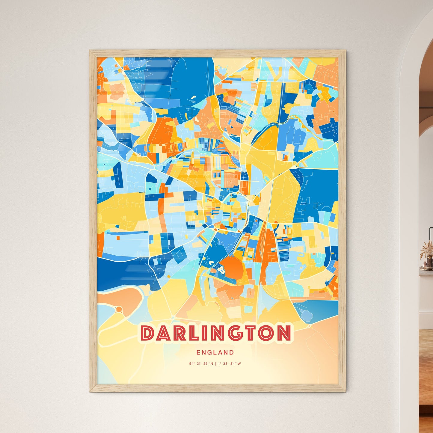 Colorful Darlington England Fine Art Map Blue Orange