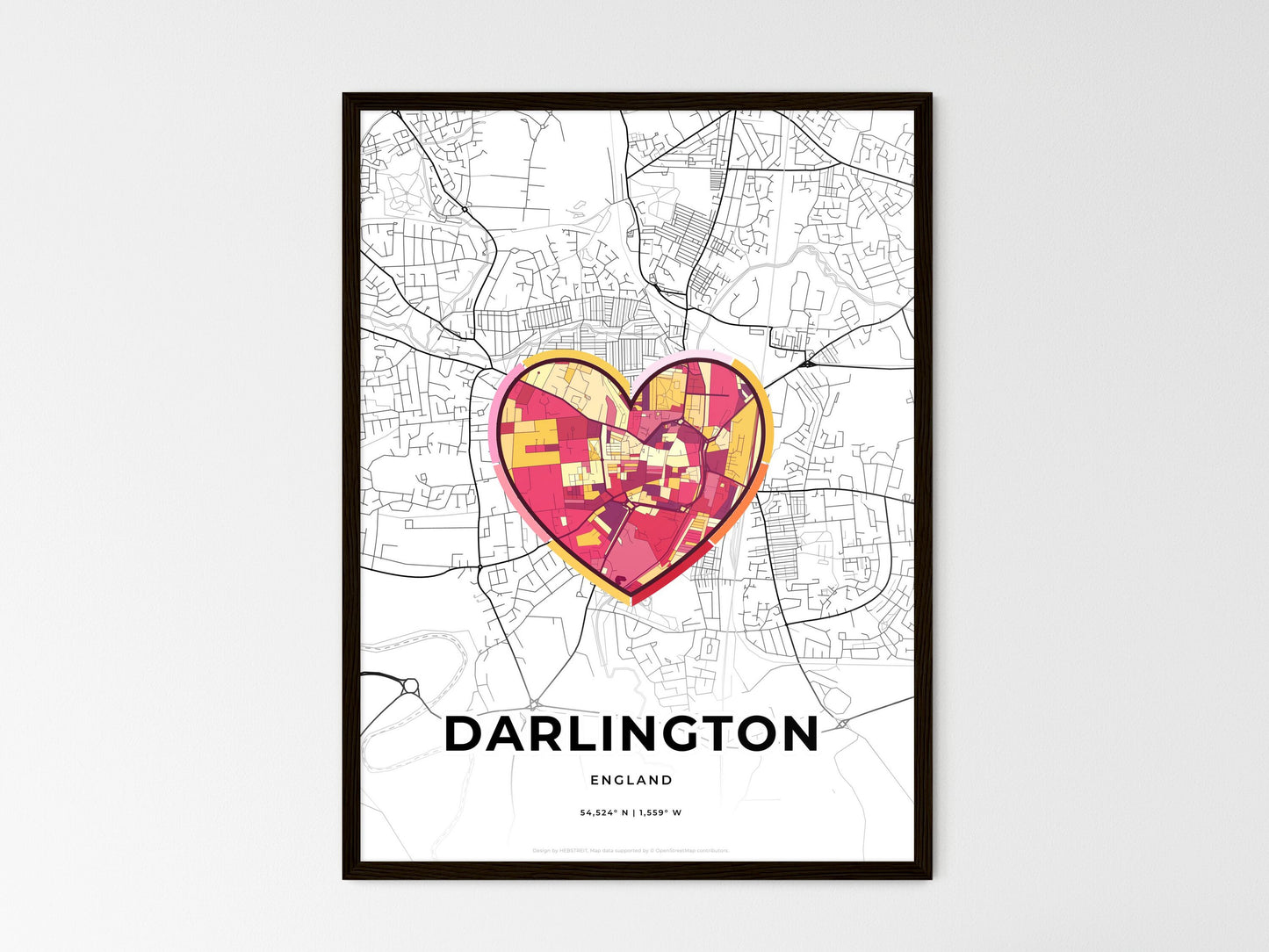 Darlington England wedding art map with heart icon