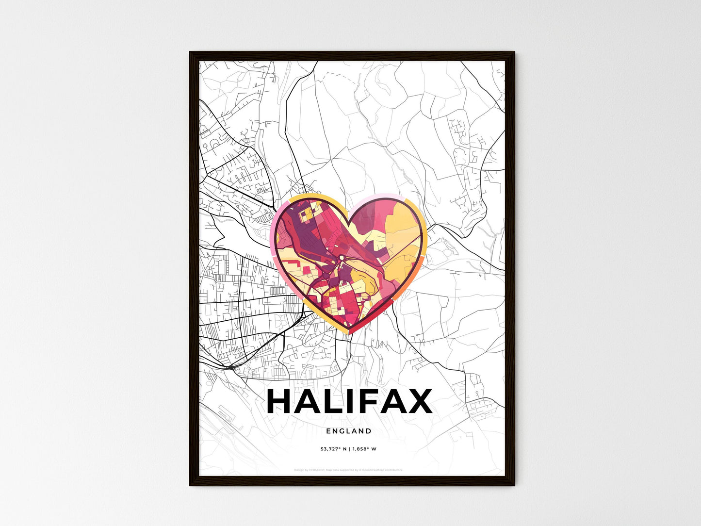 Halifax England wedding art map with heart icon
