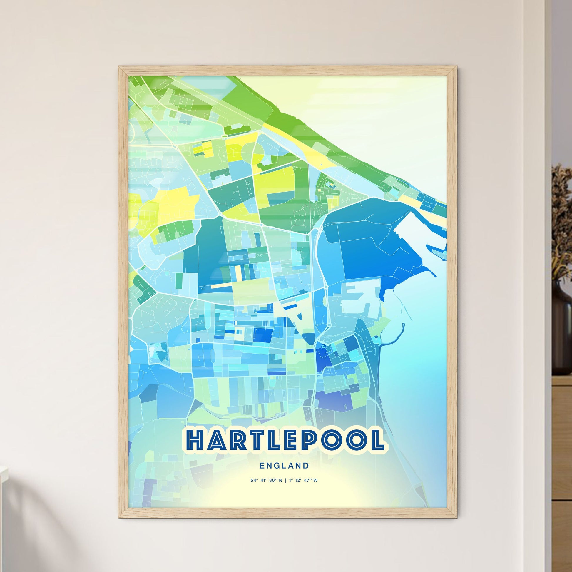 Colorful HARTLEPOOL ENGLAND Fine Art Map Cool Blue