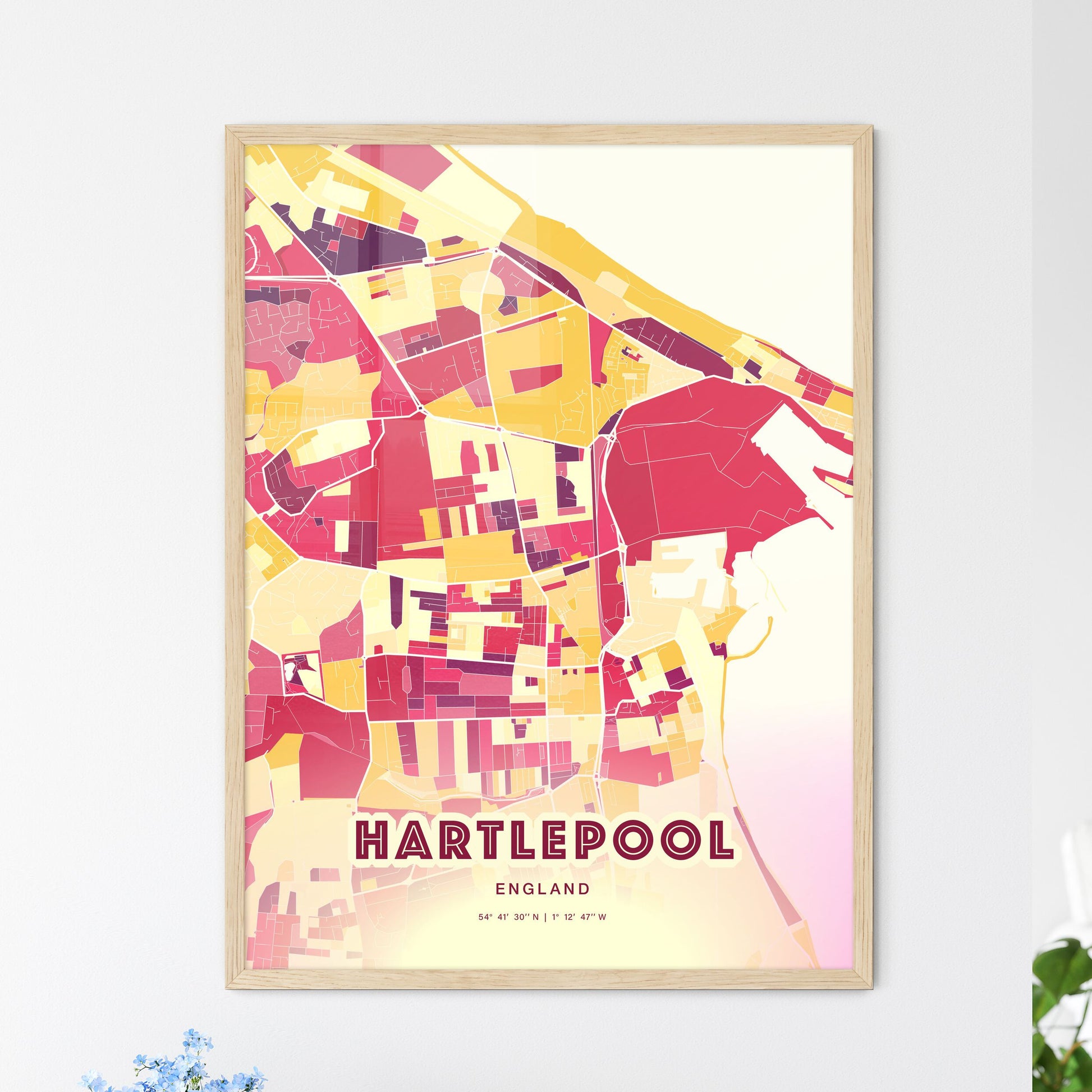 Colorful HARTLEPOOL ENGLAND Fine Art Map Hot Red