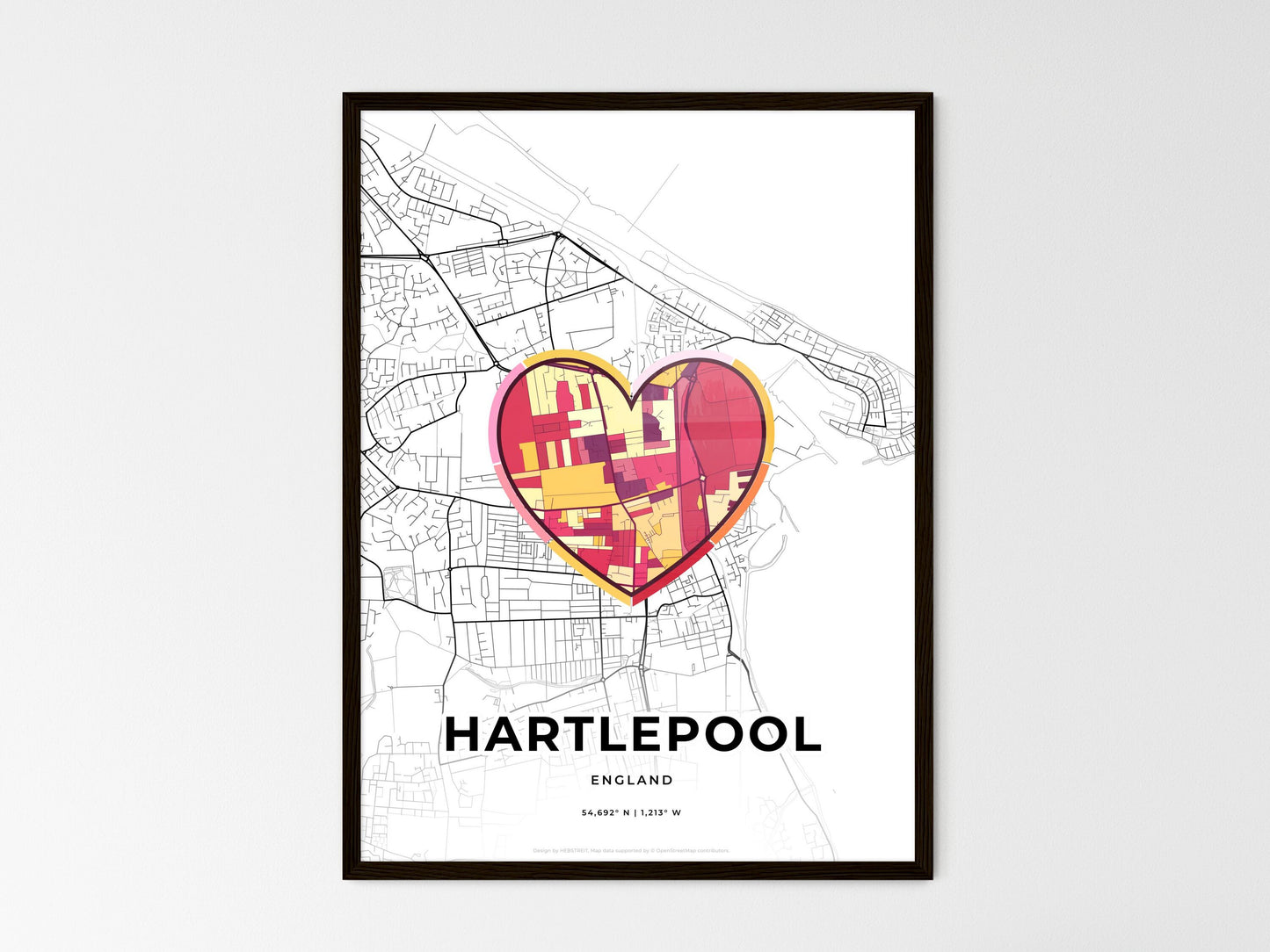 Hartlepool England wedding art map with heart icon