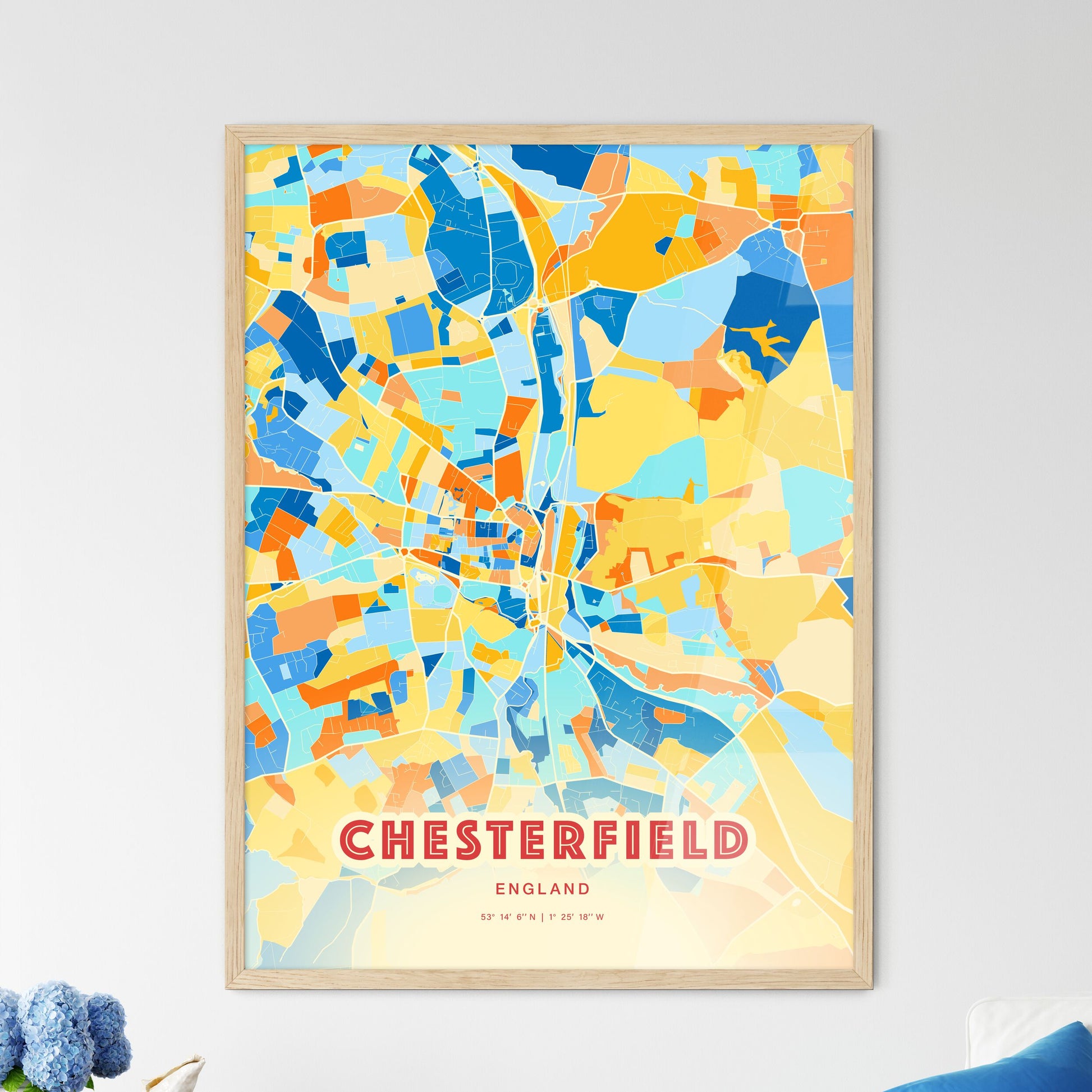 Colorful Chesterfield England Fine Art Map Blue Orange
