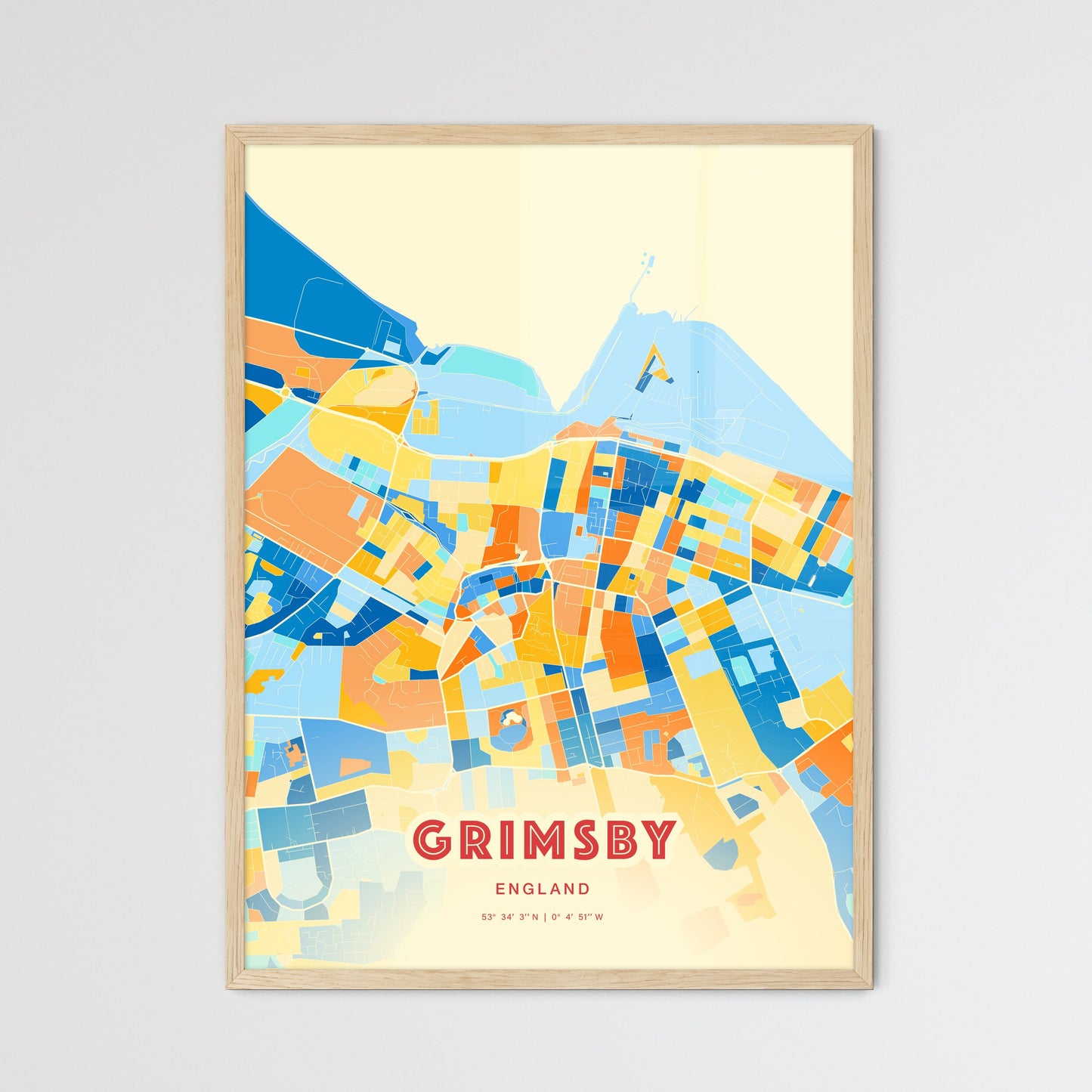 Colorful Grimsby England Fine Art Map Blue Orange