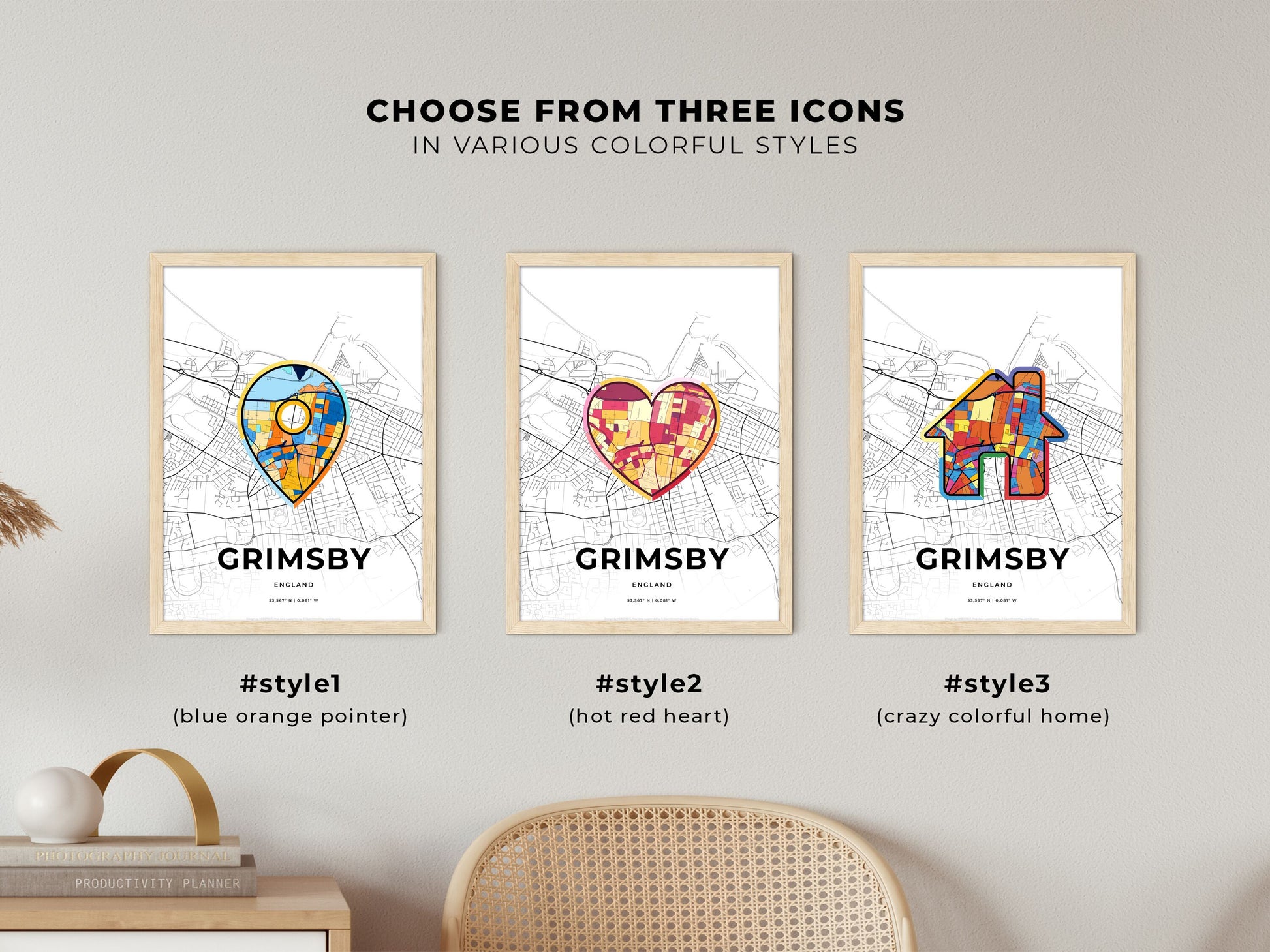 Grimsby England maps with colorful icons