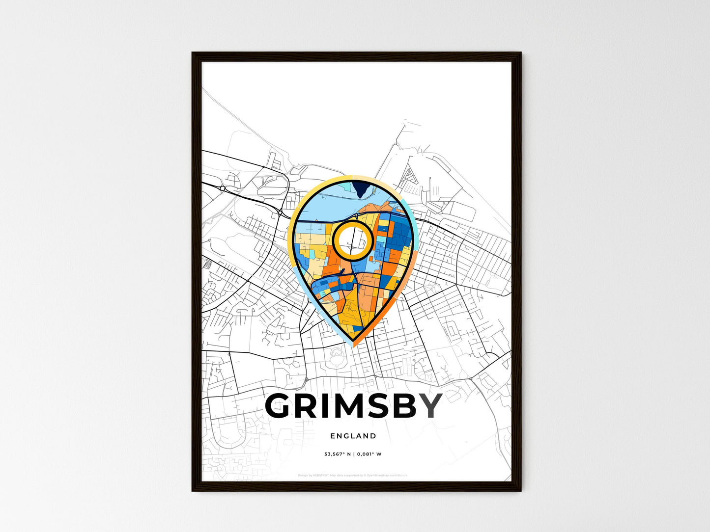 Grimsby England wedding art map with pointer icon