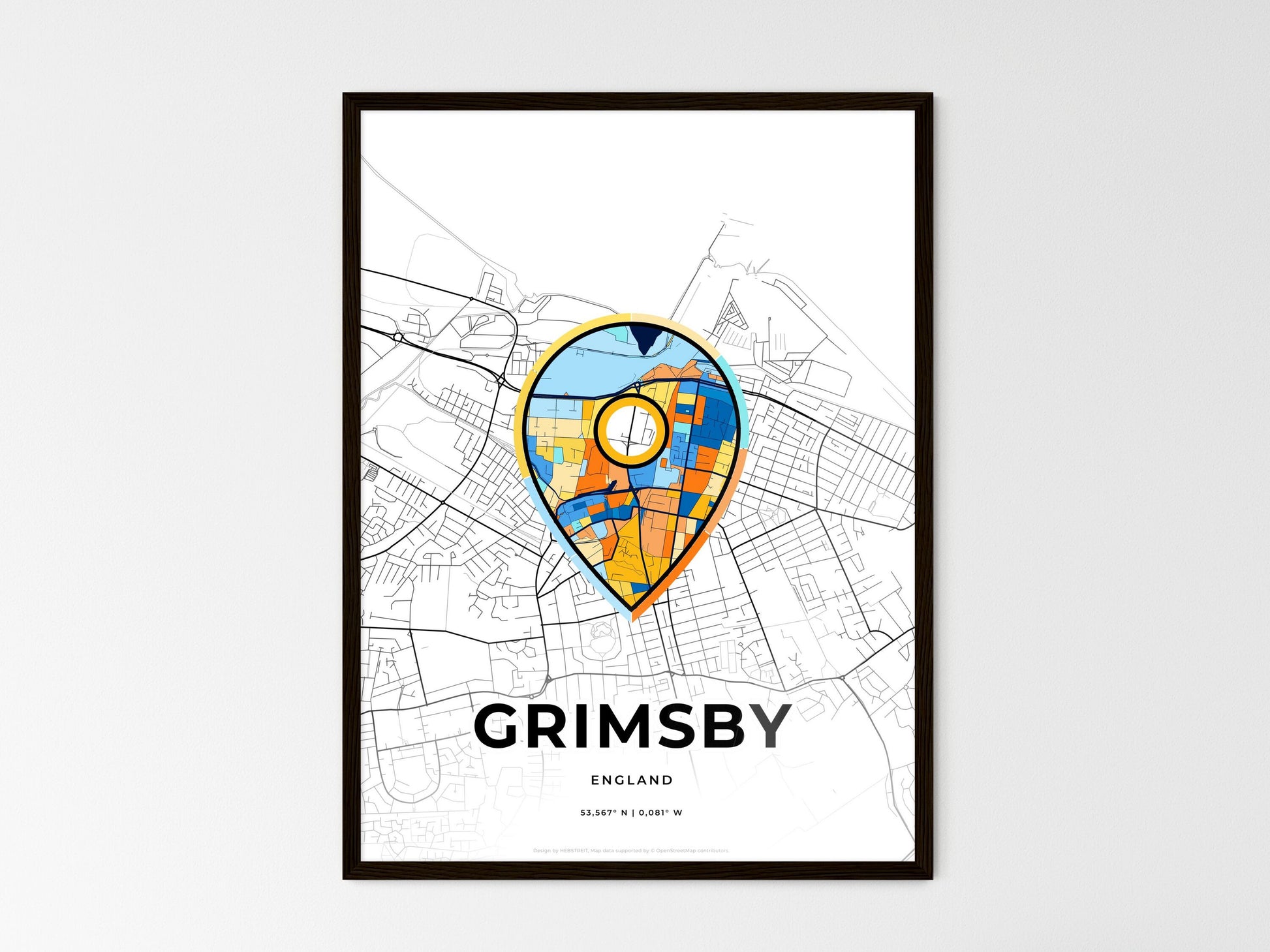 Grimsby England wedding art map with pointer icon