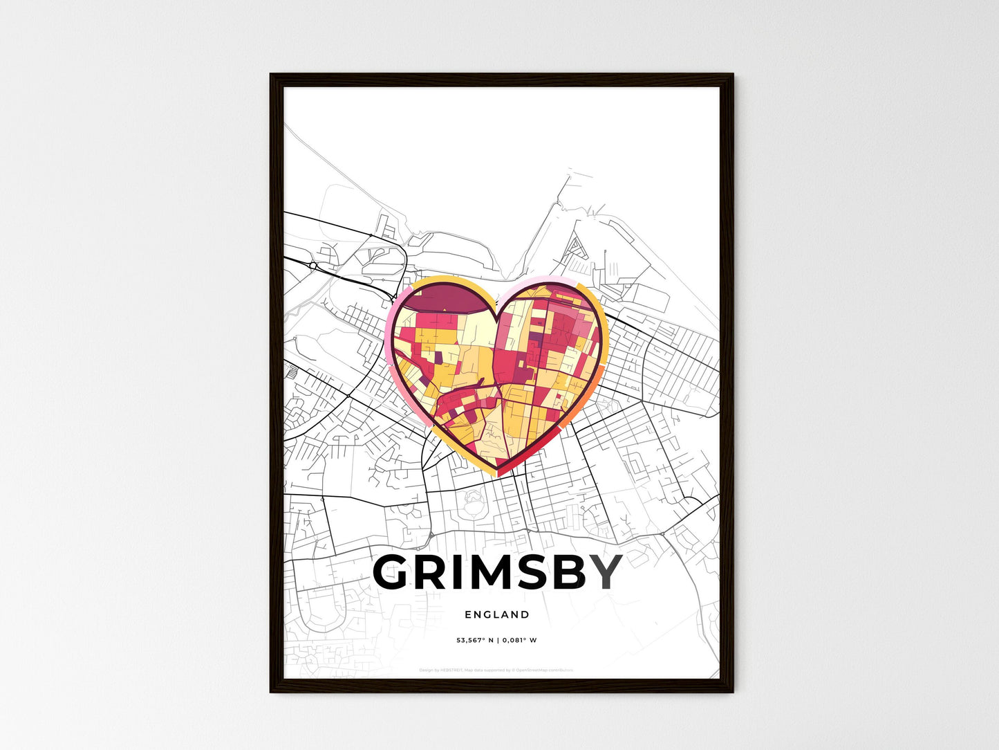 Grimsby England wedding art map with heart icon