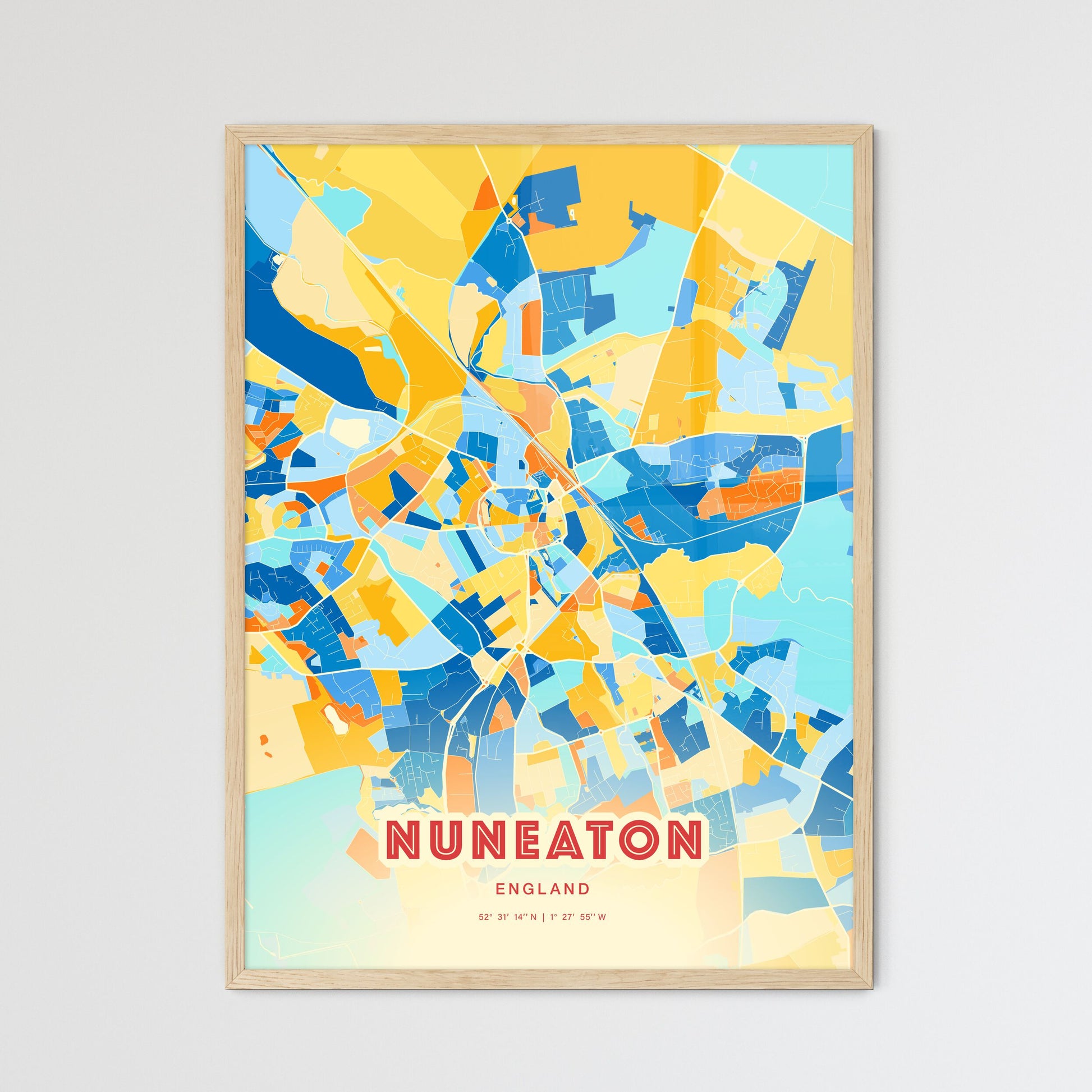 Colorful Nuneaton England Fine Art Map Blue Orange