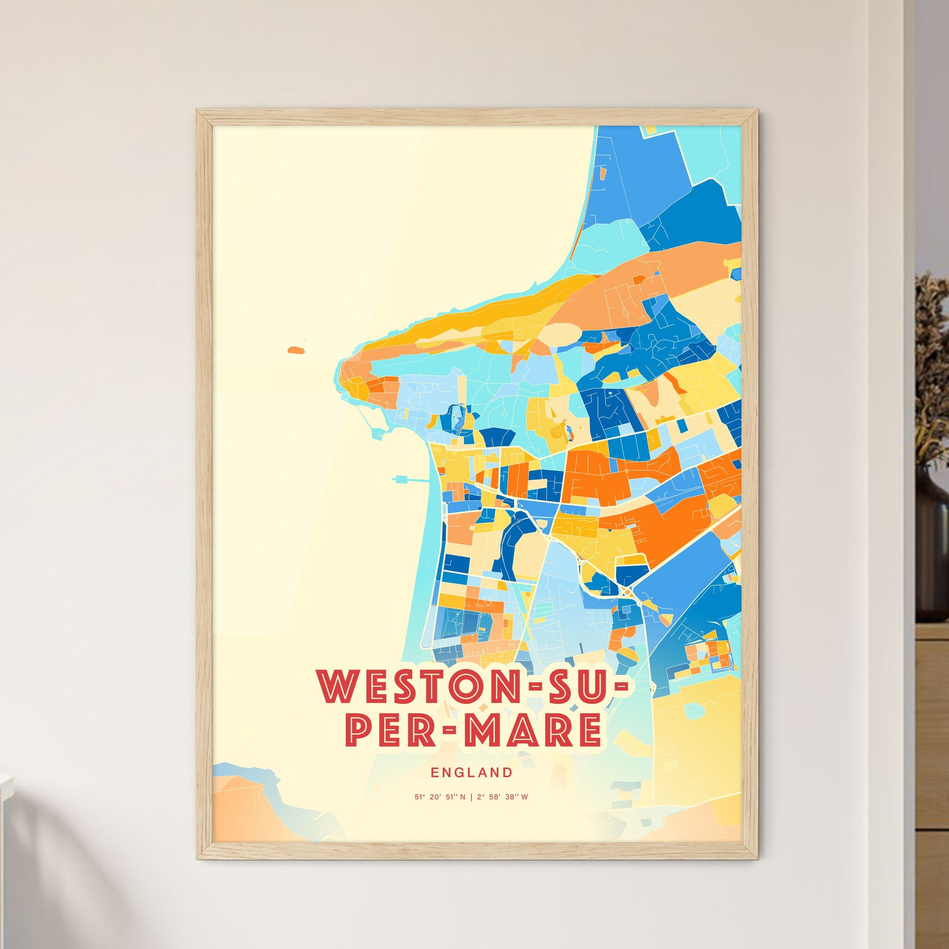 Colorful WESTON-SUPER-MARE ENGLAND Fine Art Map Blue Orange