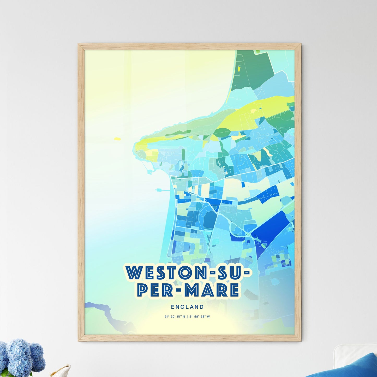 Colorful WESTON-SUPER-MARE ENGLAND Fine Art Map Cool Blue