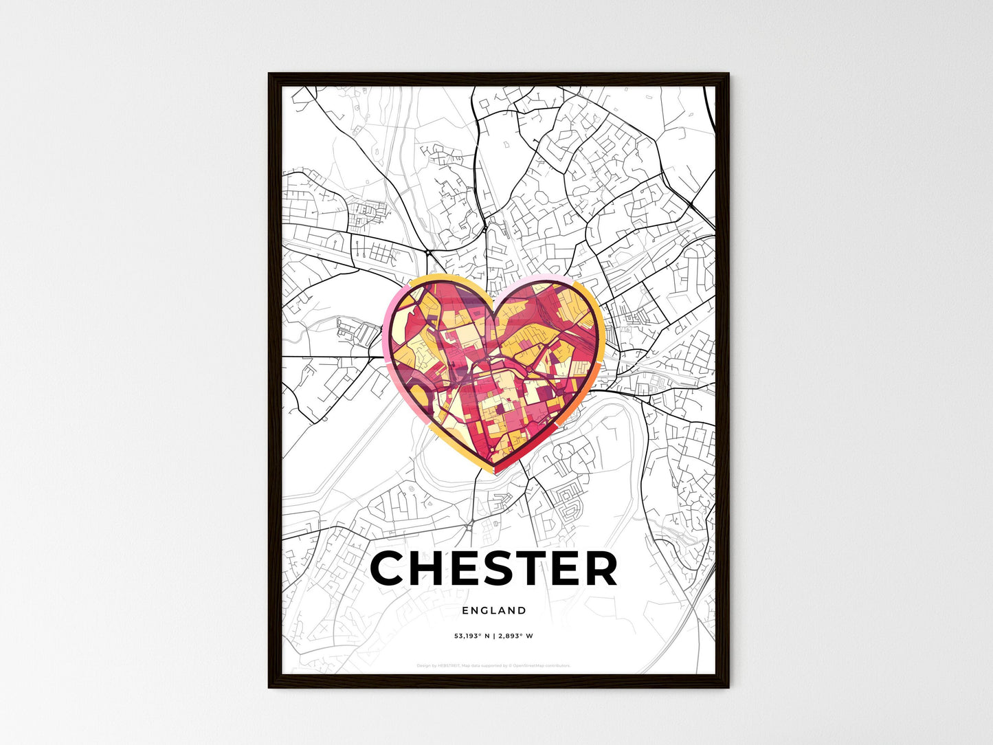 Chester England wedding art map with heart icon