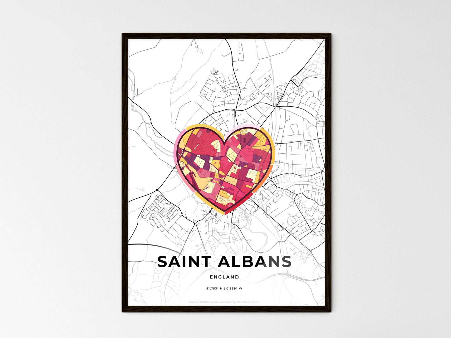 Saint Albans England wedding art map with heart icon