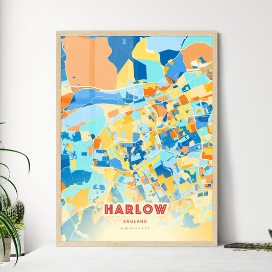 Colorful HARLOW ENGLAND Fine Art Map Blue Orange