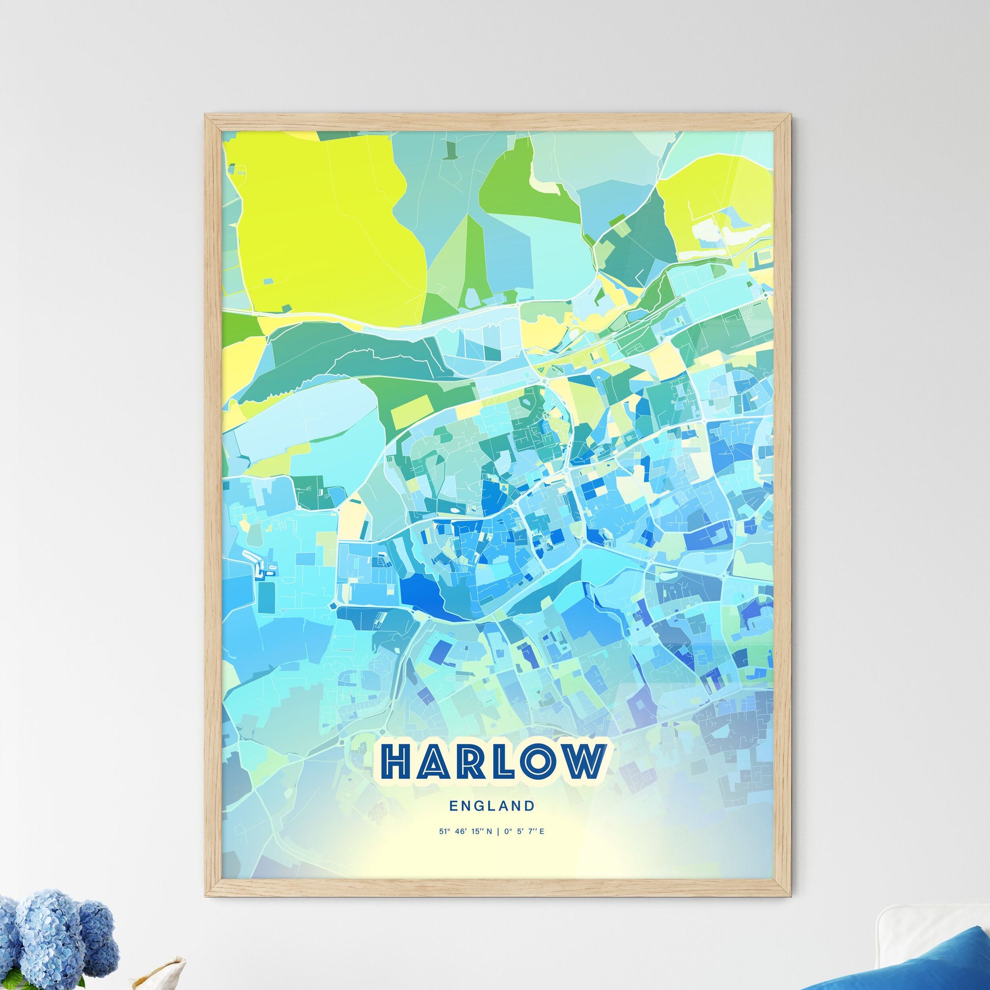 Colorful HARLOW ENGLAND Fine Art Map Cool Blue